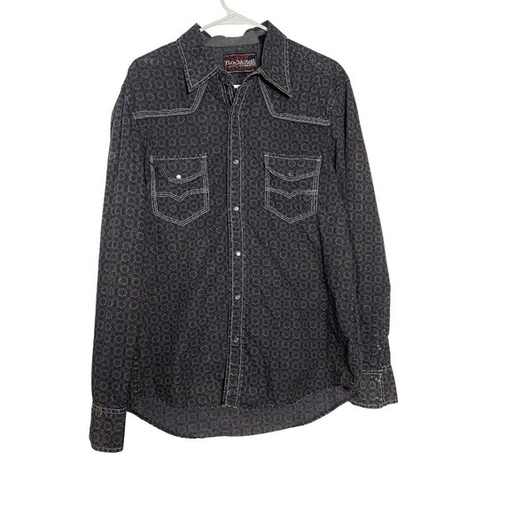 Rock & Roll Cowboy Mens Sz Large Long Sleeve Western Shirt Black/Gray - Picture 1 of 16